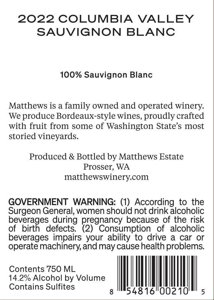Matthews Sauvignon Blanc Columbia Valley 2022